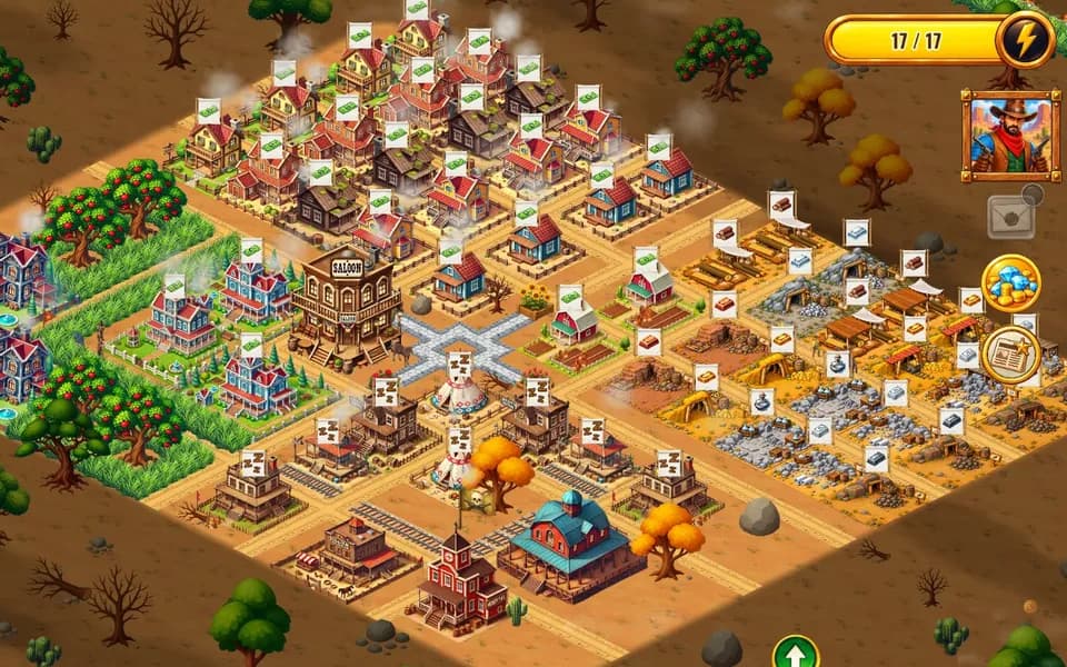 Городок в игре Western World: дома, салун, шахты и лесопилки
